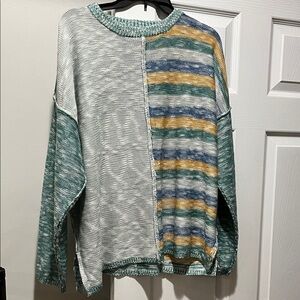 Easel Green and Multicolor Striped Crewneck Sweater